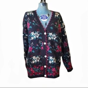 Vintage Cardigan Granny CottageCore Floral Black Button Up 80s 90s Medium